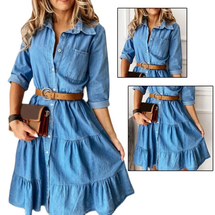 Women's Denim Dress with Three-Quarter Sleeves, Belt, and Ruffle Detail