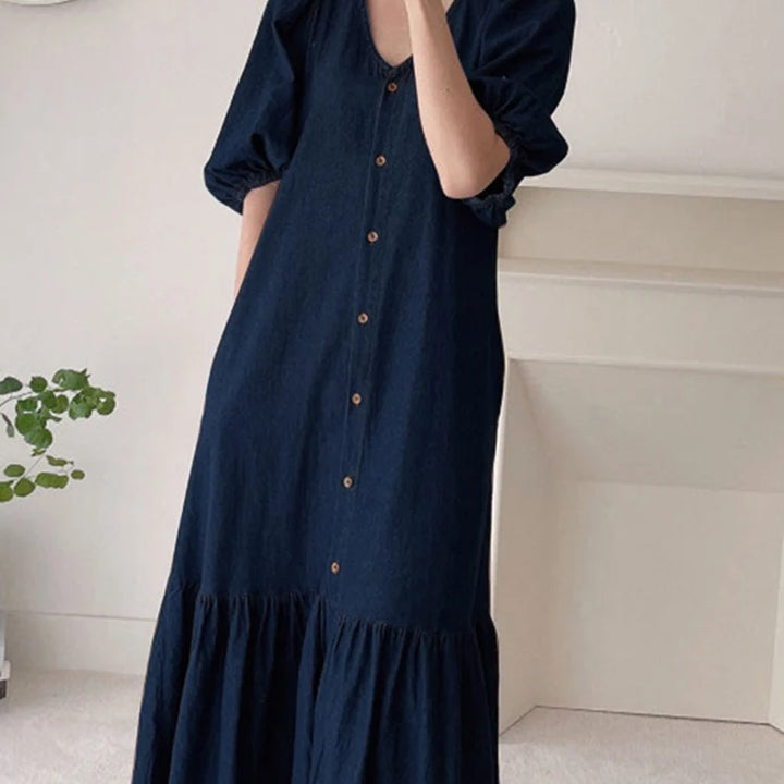 ZANZEA Oversized Denim Maxi Dress - Puff Sleeve Retro Baggy Summer Sundress