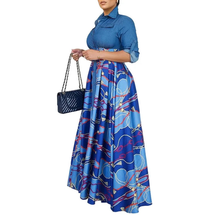 Elegant Long Denim Dress with Turn-Down Collar and Full Sleeves