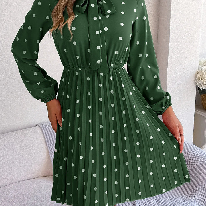 Casual Tie-neck Polka-dot Print Cinched Waist Pleat Dress For Women