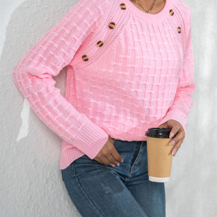 Casual Round Neck Twisted Button Sweater - Long Sleeve Knitted Pullover