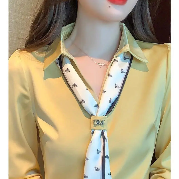 Women's Polo-Neck Blouse - Bow Patchwork Long Sleeve Office Casual Top