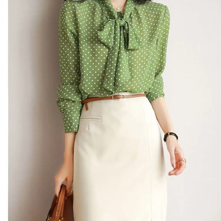 Spring Autumn Shawl Collar Blouse - Bow Polka Dot Long Sleeve Cardigan