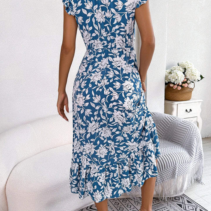 Casual V Neck Floral Print Ruffle Hem Dress