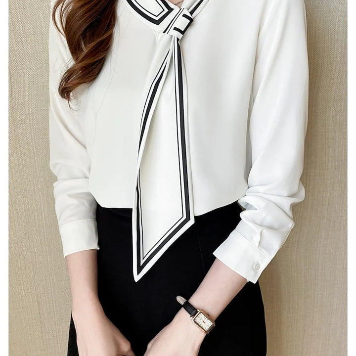 White Chiffon Blouse - Elegant Scarf Collar Long Sleeve Office Top