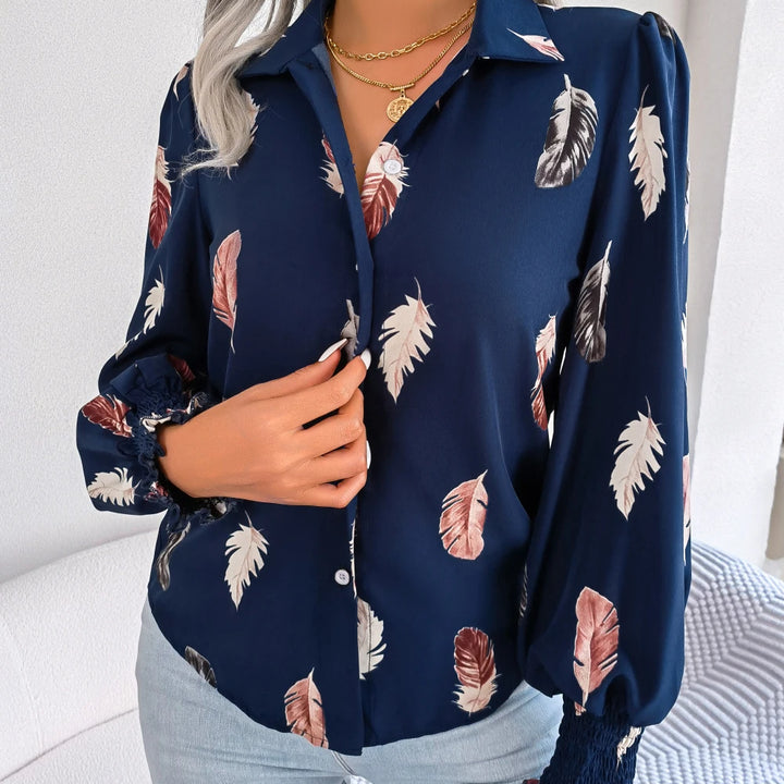 Casual Lantern Sleeve Button Front Turn Down Collar Feather Print Shirt