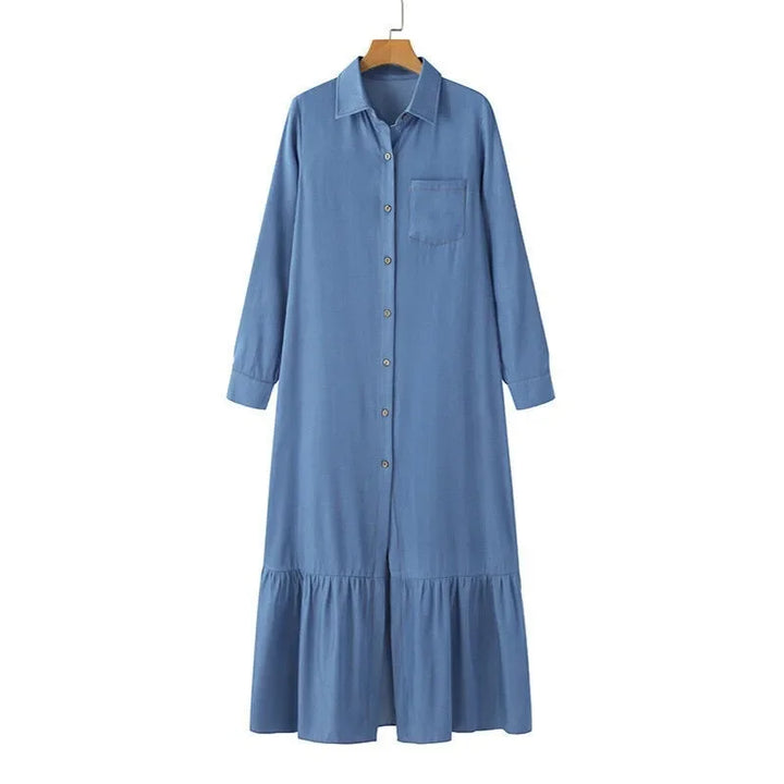 Women's Long-Sleeved Loose Denim Dress with Lapel and Button-Up