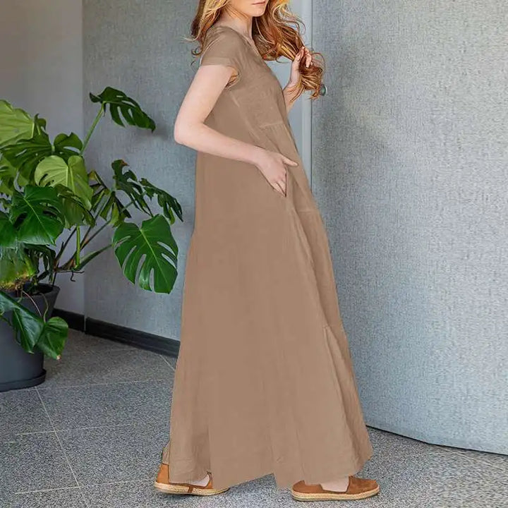 ZANZEA Elegant Pleated V-Neck Dress - Short Sleeve Casual Beach Sundress