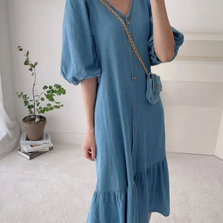 ZANZEA Oversized Denim Maxi Dress - Puff Sleeve Retro Baggy Summer Sundress