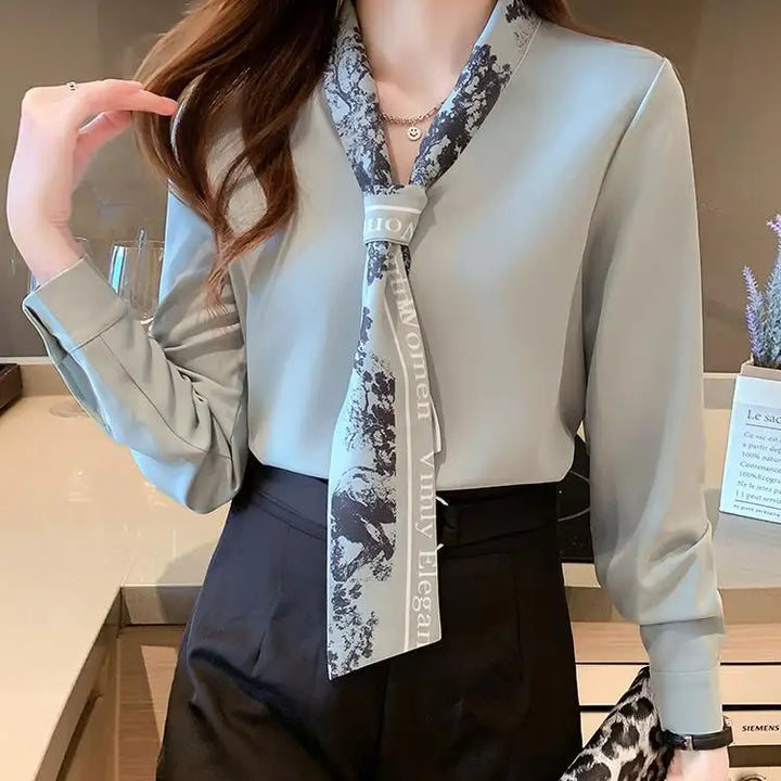 Spring Autumn Scarf Collar Shirt - Elegant Long Sleeve Office Blouse