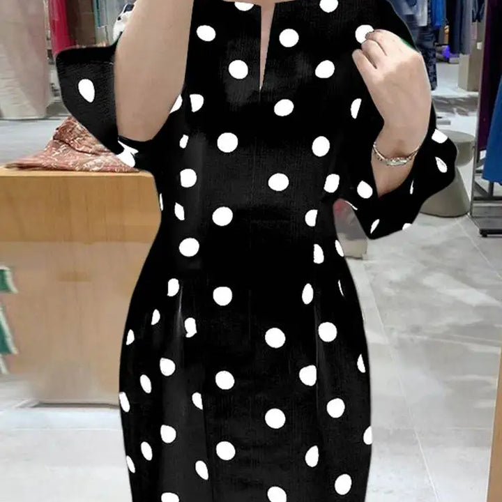 ZANZEA Dots Print V-Neck Midi Dress, slim fit with 3/4 sleeves and pockets