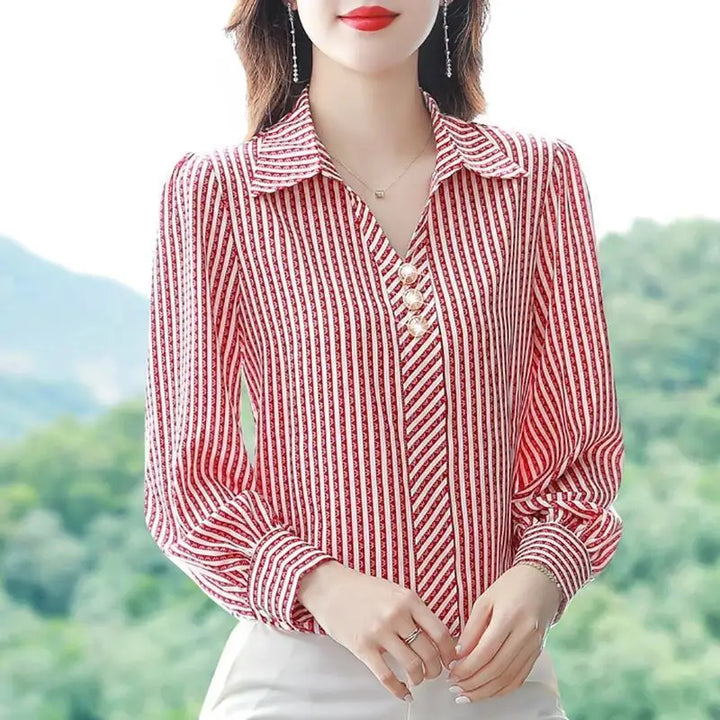 Striped Print Fashion Blouse - Elegant Office Lady Long Sleeve Shirt