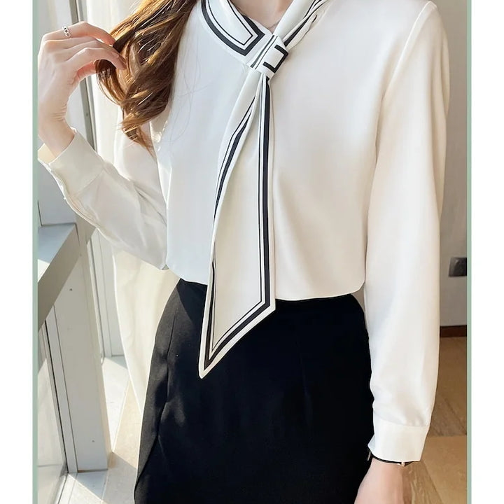 White Chiffon Blouse - Elegant Scarf Collar Long Sleeve Office Top