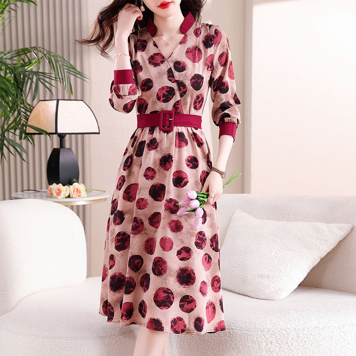 Women's Patchwork V-Neck Dress - Slimming Wave Dot Print Mid-Length Outfit