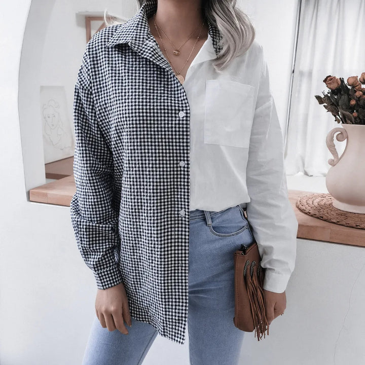 Autumn Casual Turn-down Collar Button Front Plaid Patchwork Long Sleeved Loose Shirt For Women