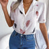 Spring Summer Casual Notched Collar Button Front Feather Printed Short Sleeved Shirt Women Blouse