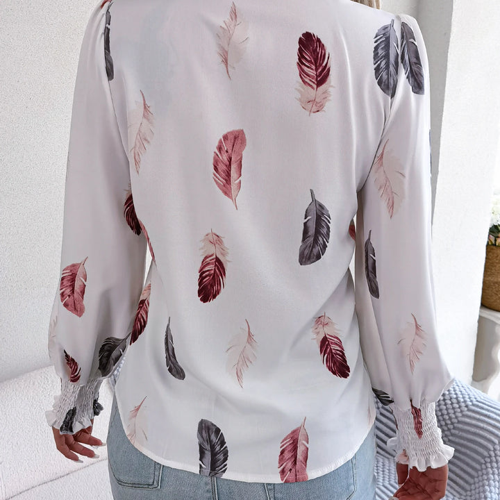 Casual Lantern Sleeve Button Front Turn Down Collar Feather Print Shirt