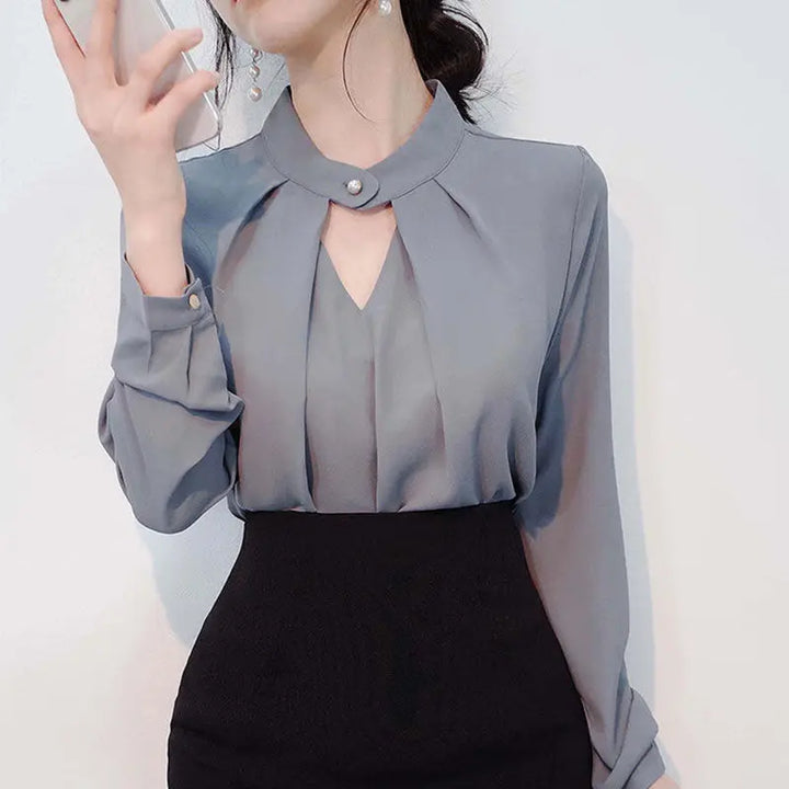 olid Chiffon Blouse - Slim Long Sleeve Hollow Sexy Spring Summer Top