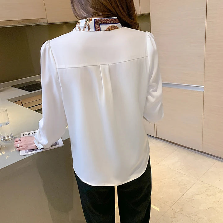 Spring Chiffon Blouse - Bow Long Sleeve Office Lady Casual Top