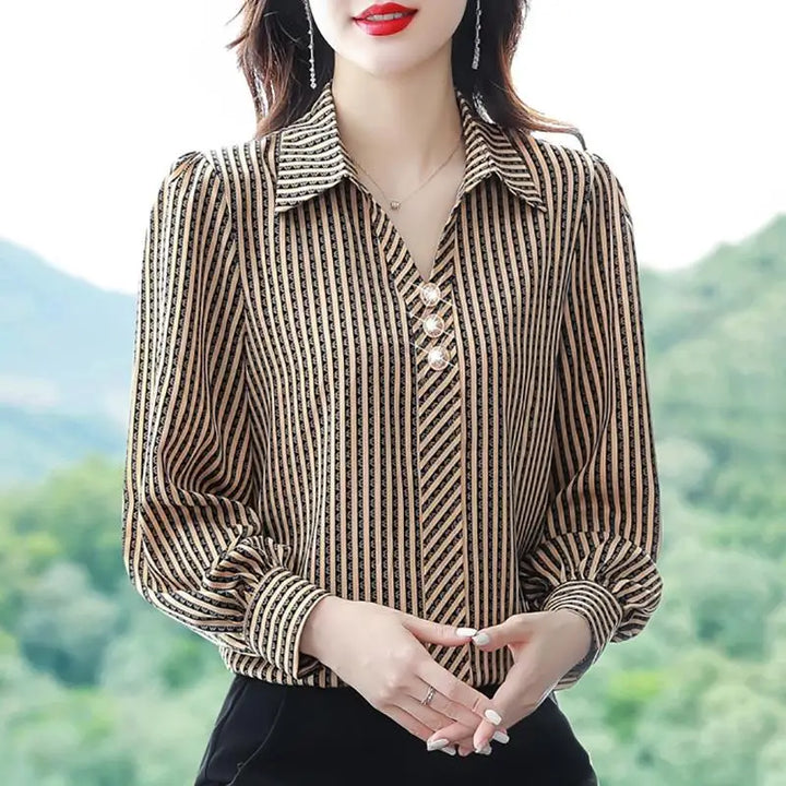 Striped Print Fashion Blouse - Elegant Office Lady Long Sleeve Shirt