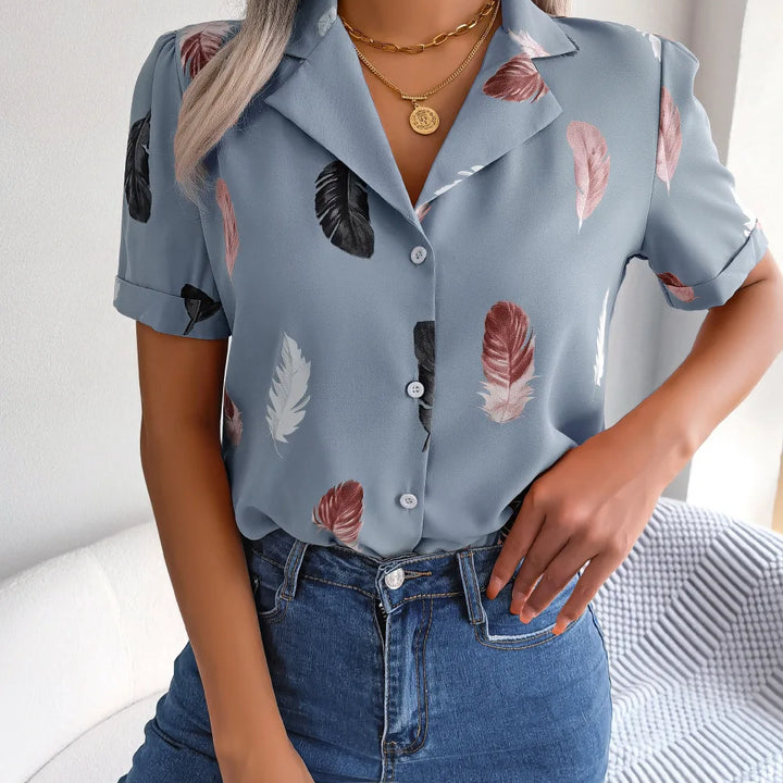 Spring Summer Casual Notched Collar Button Front Feather Printed Short Sleeved Shirt Women Blouse