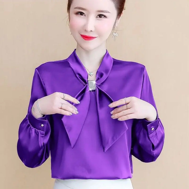 Spring & Summer Satin Shirt - Korean Fashion Bow V-Neck Long Sleeve Top