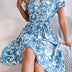 Vacation Style Short Sleeve V Neck Rose Print Button Front Belted Dress