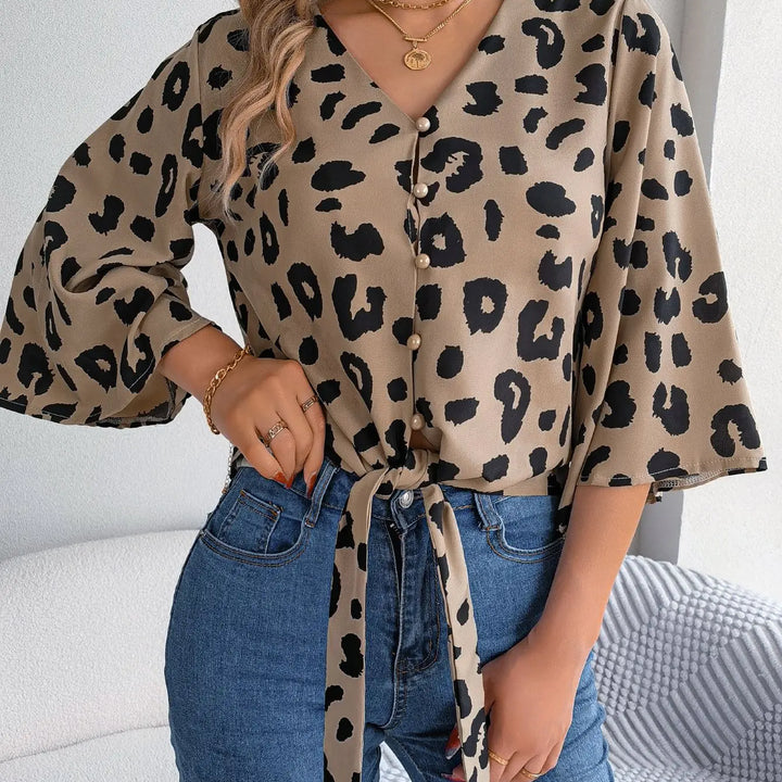 Casual V Neck 3/4 Sleeve Button Front Leopard Print Blouse, Women's Clothing