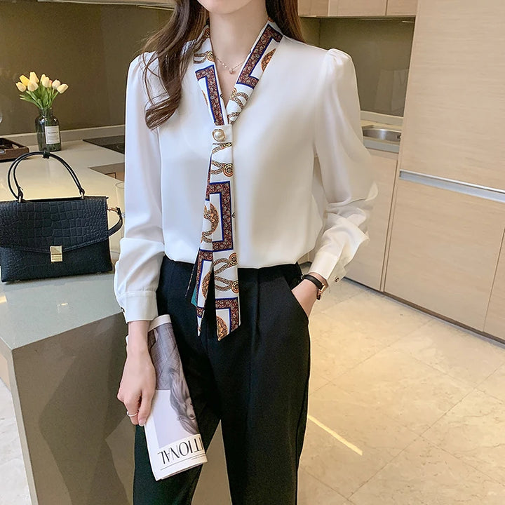 Spring Chiffon Blouse - Bow Long Sleeve Office Lady Casual Top