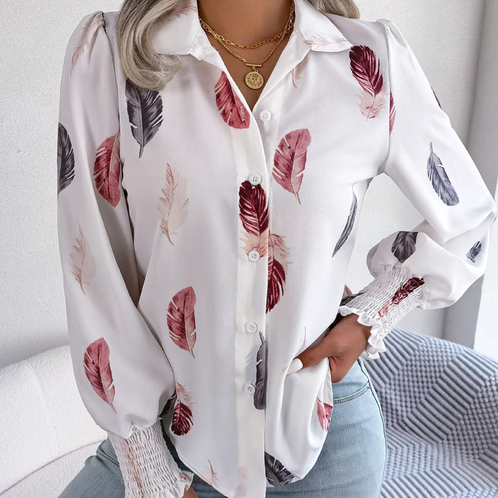 Casual Lantern Sleeve Button Front Turn Down Collar Feather Print Shirt