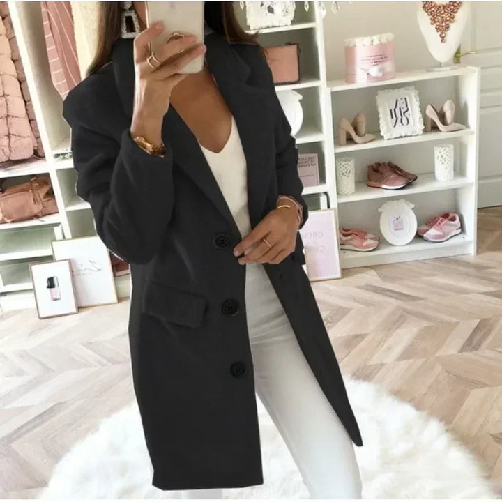 Women's Double-Breasted Woolen Coat with Suit Collar – Elegant Medium Length