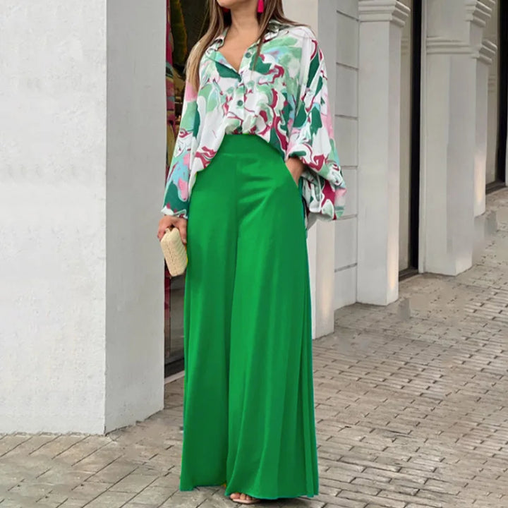 Spring & Autumn 2-Piece Set - Printed Shirt with Elegant Wide-Leg Pants