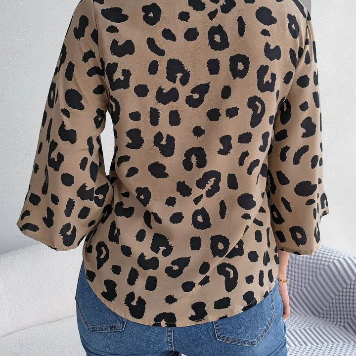 Casual V Neck 3/4 Sleeve Button Front Leopard Print Blouse, Women's Clothing