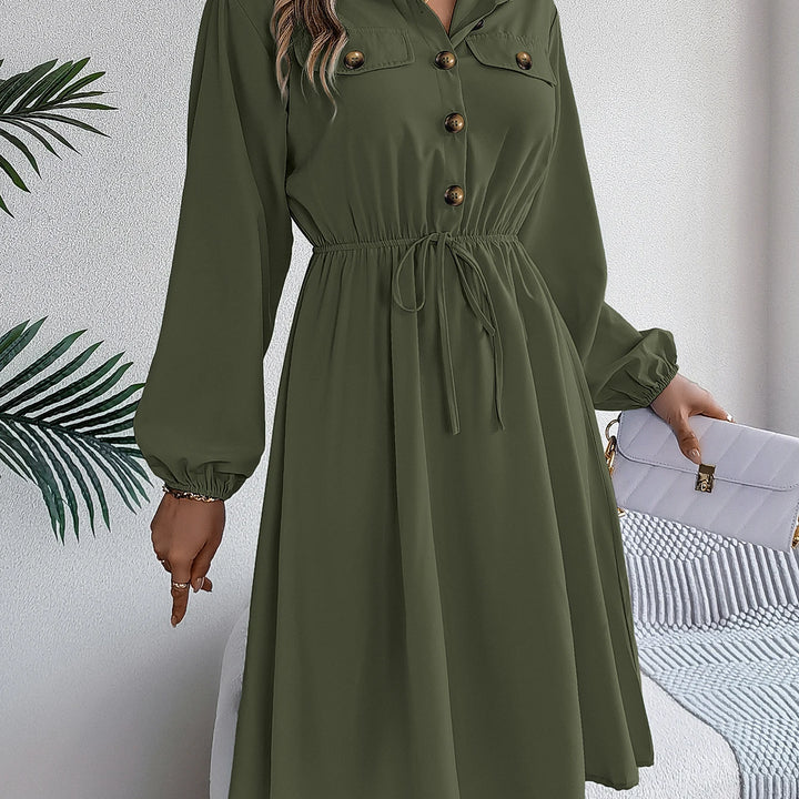 Elegant Button Front Lantern Sleeve Dress - Cinched Waist