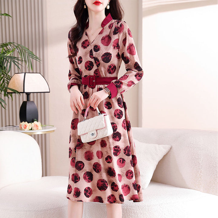 Women's Patchwork V-Neck Dress - Slimming Wave Dot Print Mid-Length Outfit