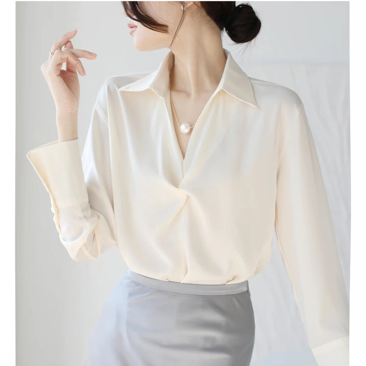 Autumn Casual Turn-Down Collar Blouse - Off-White Chiffon Long Sleeve Shirt