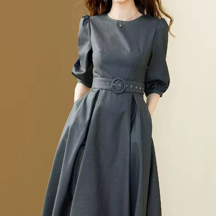 Fashionable Office Midi Dress for Women – Puff Sleeves, A-Line with Belt