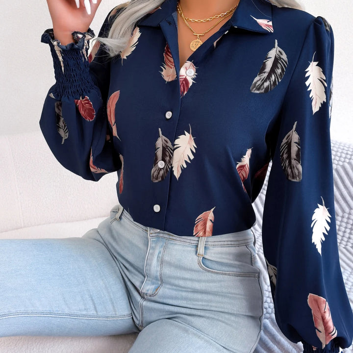 Casual Lantern Sleeve Button Front Turn Down Collar Feather Print Shirt