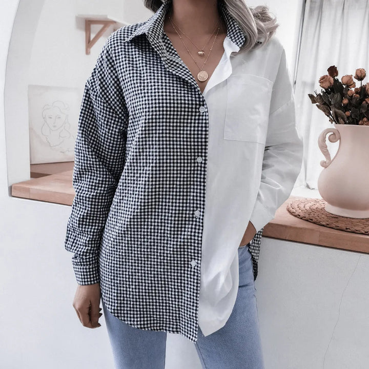 Autumn Casual Turn-down Collar Button Front Plaid Patchwork Long Sleeved Loose Shirt For Women