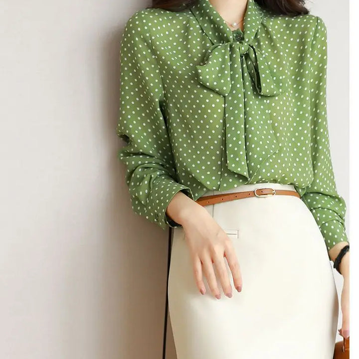 Spring Autumn Shawl Collar Blouse - Bow Polka Dot Long Sleeve Cardigan