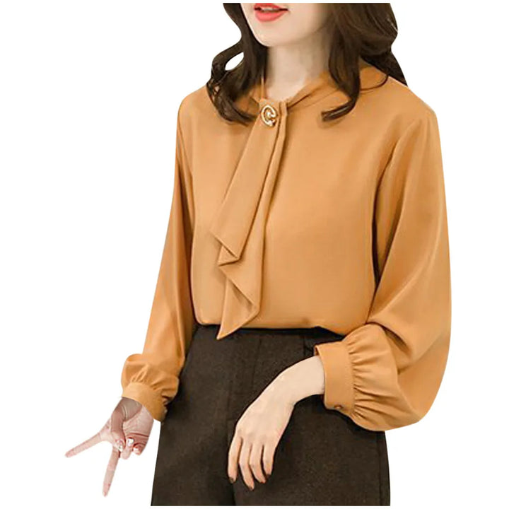 Elegant Lantern Sleeve Blouse - Round Neck Chiffon Office Lady Top