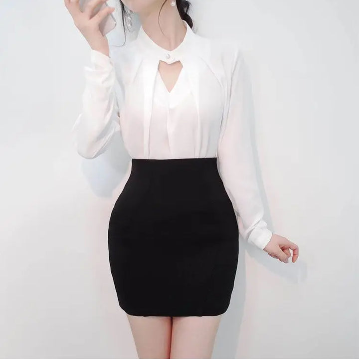 olid Chiffon Blouse - Slim Long Sleeve Hollow Sexy Spring Summer Top