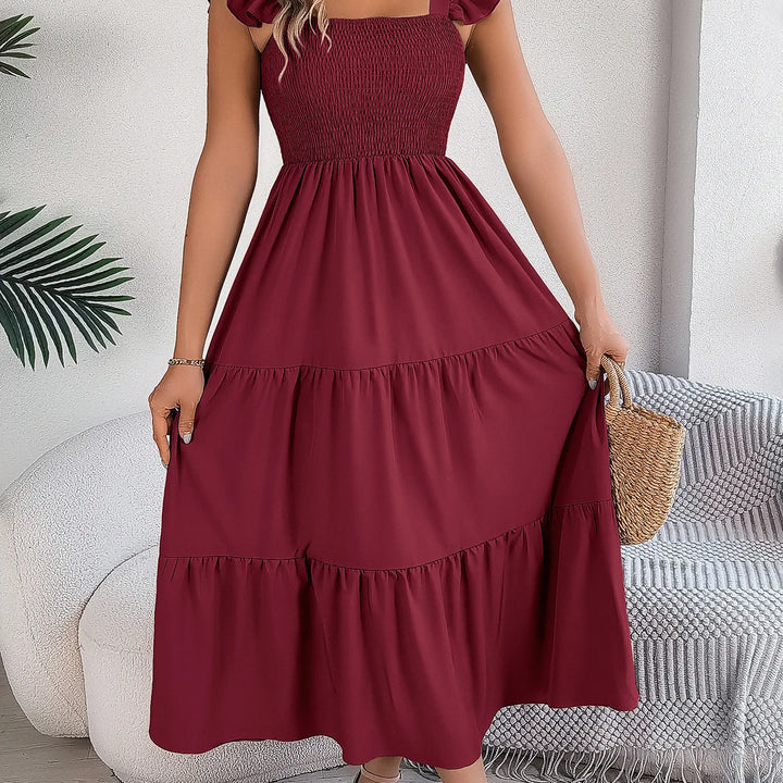 Solid Square Neck Dress - Elegant Waist-Tied Long Dress