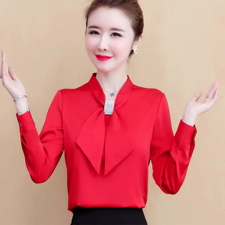 Spring & Summer Satin Shirt - Korean Fashion Bow V-Neck Long Sleeve Top