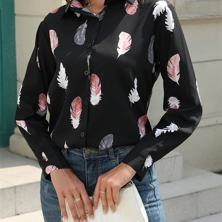 Casual Turn-Down Collar Front Button Feather Print Long Sleeved Shirt Women Blouse