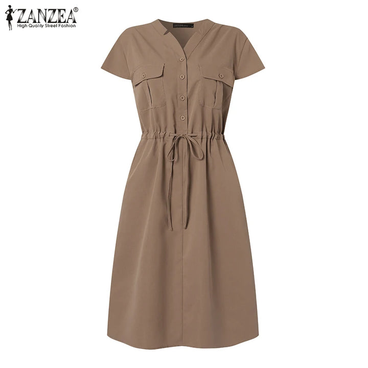 ZANZEA Summer V-Neck Dress - Short Sleeve Drawstring Waist Knee-Length Sundress