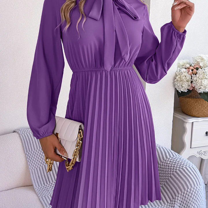 Casual Tie Front Mock Neck Long Sleeve Pleated Dress For Spring & Fall