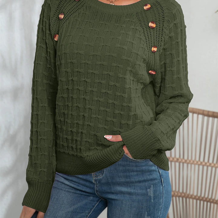 Casual Round Neck Twisted Button Sweater - Long Sleeve Knitted Pullover