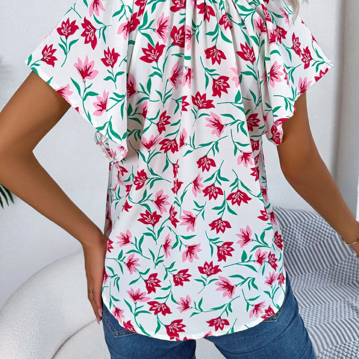 Floral Drawstring Blouse - Casual Crew Neck Short Sleeve Top