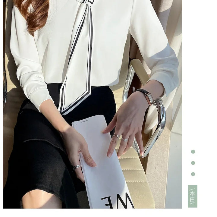 White Chiffon Blouse - Elegant Scarf Collar Long Sleeve Office Top